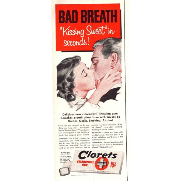 1952 Clorets Chlorophyll Gum Vintage Print Ad Kissing Bad Breath 50s Wall Art - Picture 1 of 3